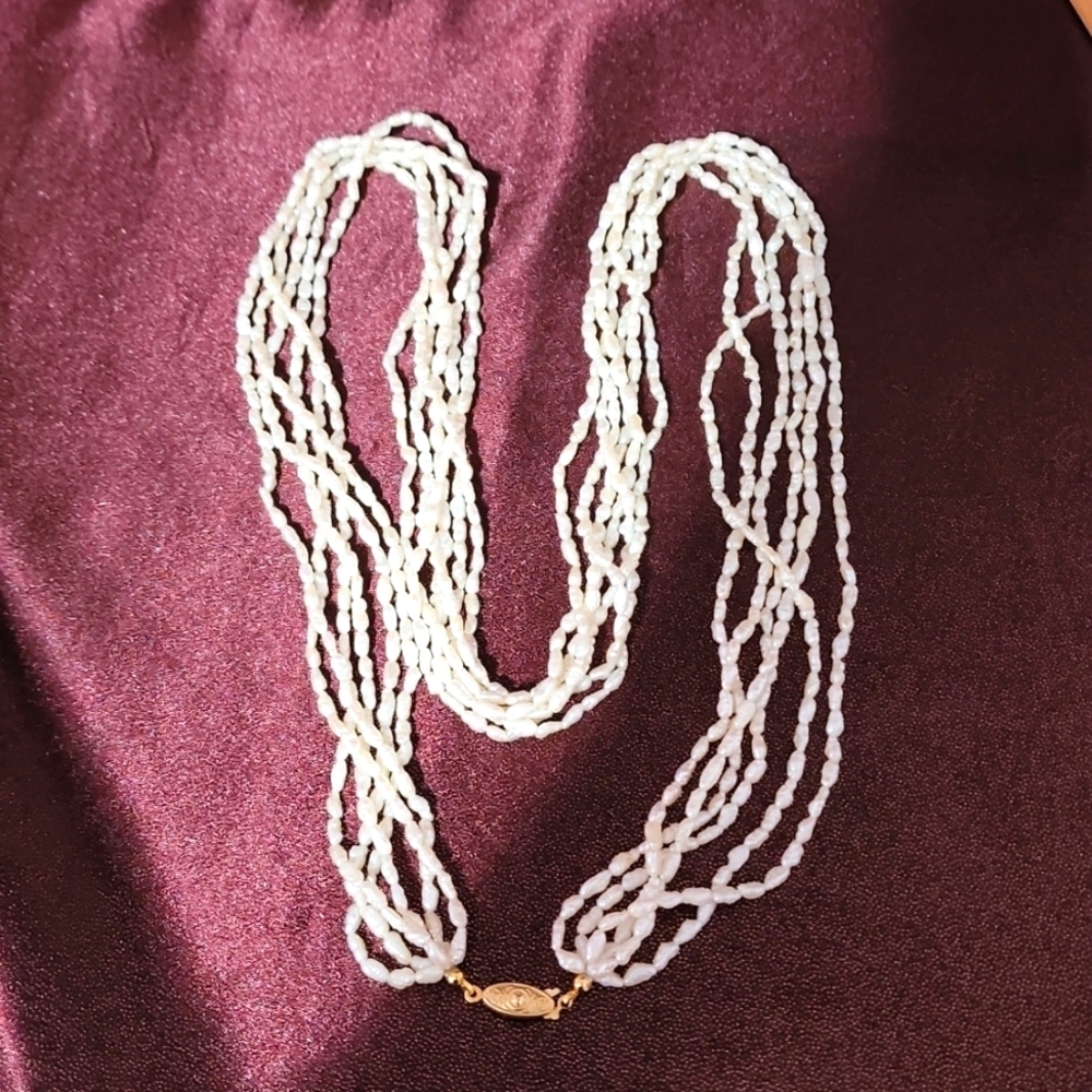 Rice pearl multi strand necklace.  30", Vintage. M a